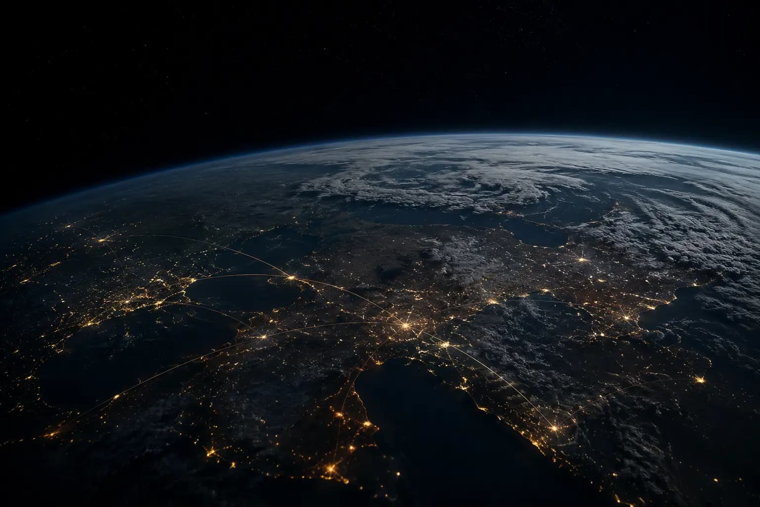 Horizonte nocturno de la Tierra conectado por rutas internacionales